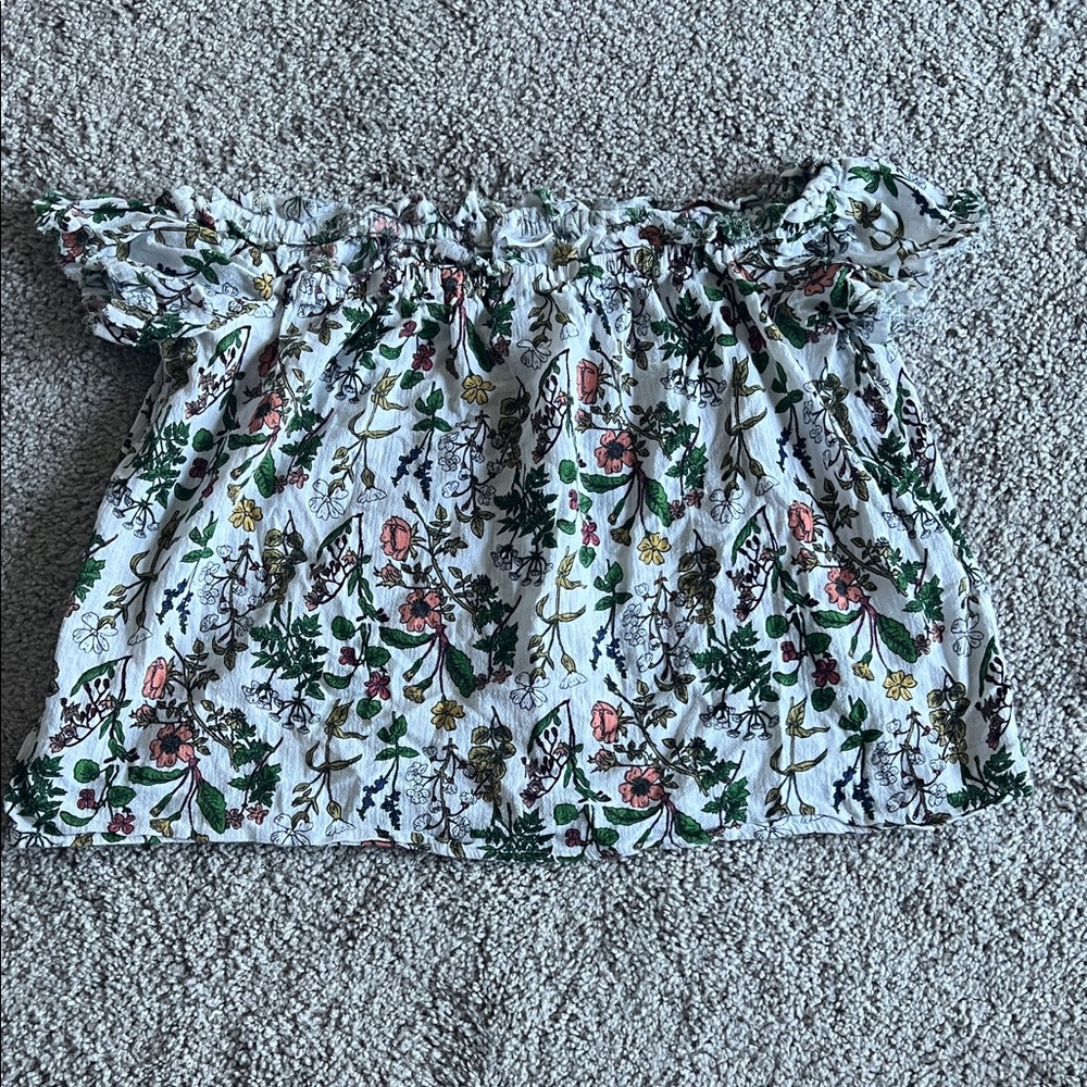 Cooperative White Botanical/Floral Elastic Off-Shoulder Top